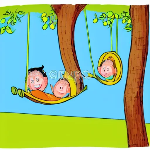 Image similar to a cartoon illustration of mom dad and kid who are shaped like a circle, pushing their kid on a tree swing. bold colors, indigo, mustardy yellow, pea green