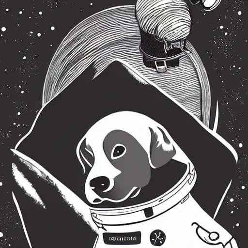 Image similar to mcbess illustration of a dog in a spacesuit In space , cinematic, hyper realistic, photo realistic, 4k, galaxies