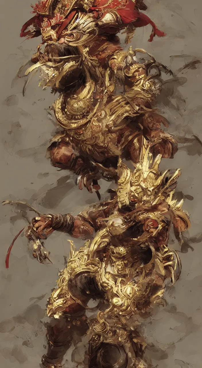 Image similar to concept art of monkey king 孙 悟 空 from chinese myth 西 游 记, 紫 金 冠, 黄 金 甲, character design, artstation by jean - baptiste monge and craig mullins and greg rutkowsk and feng zhu