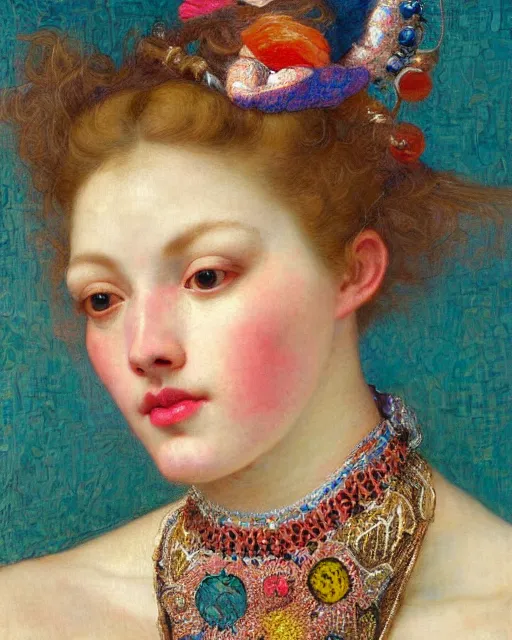 Prompt: a close up of beautiful cheerleader girl with pink lipstick wearing a multicoloured necklace surrounded by colourful intricate patterns, by edgar maxence and caravaggio and michael whelan, intricate painting, hyper realistic, extremely detailed and beautiful aesthetic face, 8 k resolution