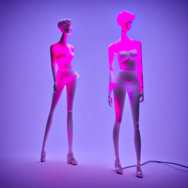 Image similar to beautiful mannequin sculpted out of amethyst by billelis + lit with 3 d geometric neon + doorway opening with neon pink geometric light + hosta flowers!!!, moon in background!!!!!!, rule of thirds, clean linework, dramatic, award winning, 4 k, trending on artstation, photorealistic, volumetric lighting, octane render