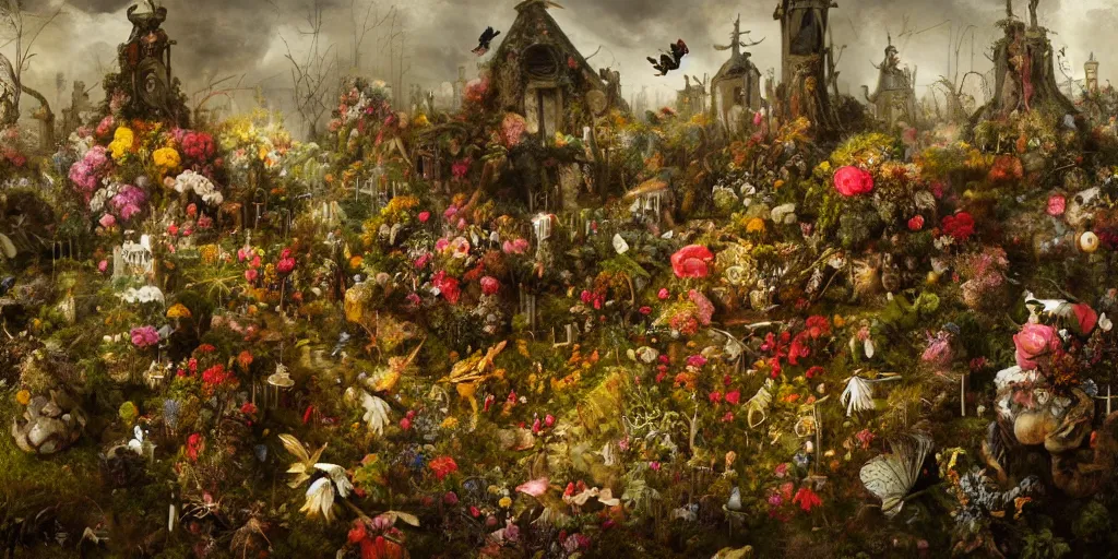 Prompt: 'Life from death' A horrifying aesthetic horror landscape painting depicting 'A crystalline graveyard with plants and flowers growing all over it, birds and insects flying all around it' by giuseppe arcimboldo and Rembrandt, Trending on cgsociety artstation, 8k, masterpiece, cinematic lighting, highly detailed, vibrant colors.