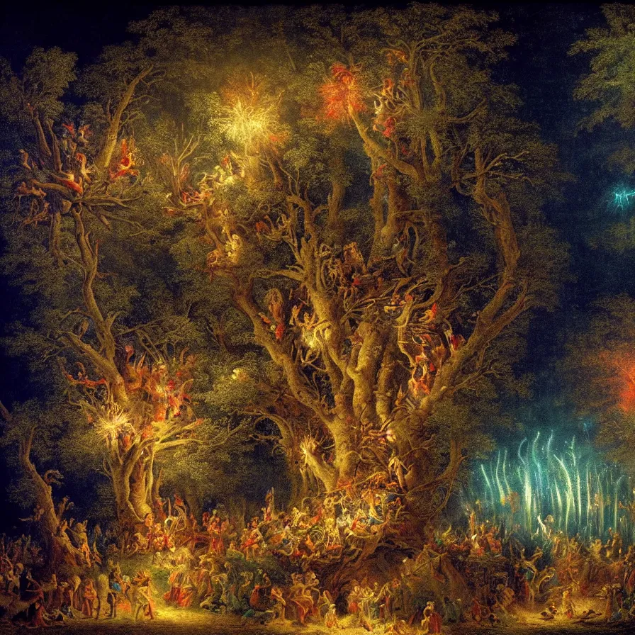 Prompt: closeup of a night carnival inside a tree cavity in a magical forest in the middle of a summer storm, with a music scenario with many fireworks and christmas lights, volumetric lightning, instense god rays in the sky, folklore people disguised with fantastic creatures in a magical forest by summer night, masterpiece painted by fragonard, very coherent and colorful high contrast masterpiece,