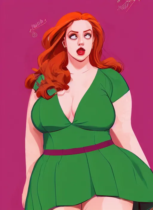 Image similar to full body portrait of teenage cheryl blossom, obese, bangs, green eyes, sultry, realistic, red hair, sultry smirk, wavy hair, pink skirt, fat, intricate, elegant, glowing lights, highly detailed, digital painting, artstation, concept art, smooth, sharp focus, illustration, art by wlop, mars ravelo and greg rutkowski