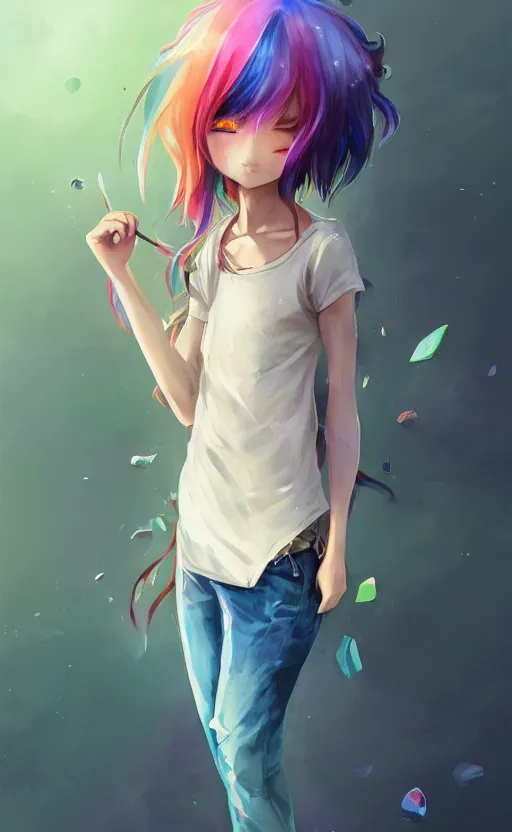 Image similar to a kawaii woman with rainbow hair, happy, summer time, soft eyes and narrow chin, dainty figure, long hair straight down, kawaii shirt and jeans, basic white background, In style of by Jordan Grimmer and greg rutkowski, crisp lines and color