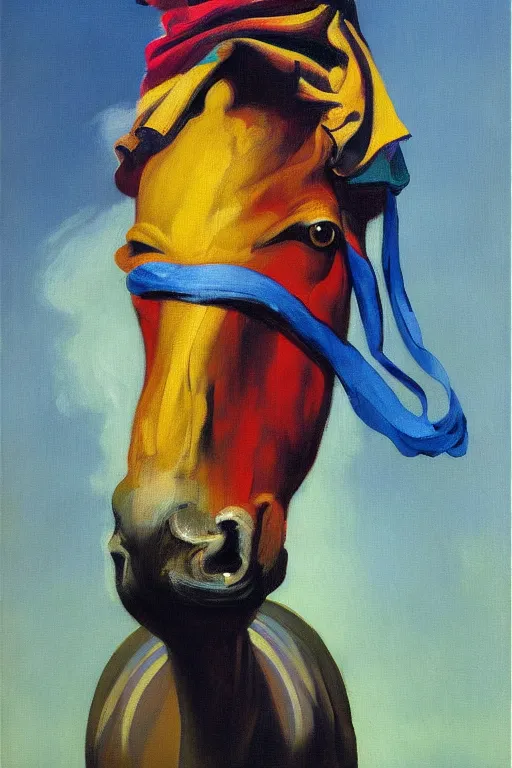 Image similar to scarf in the form of a horse around the neck of an astronaut, highly detailed painting by francis bacon, edward hopper, adrian ghenie, gerhard richter, and james jean soft light 4 k,