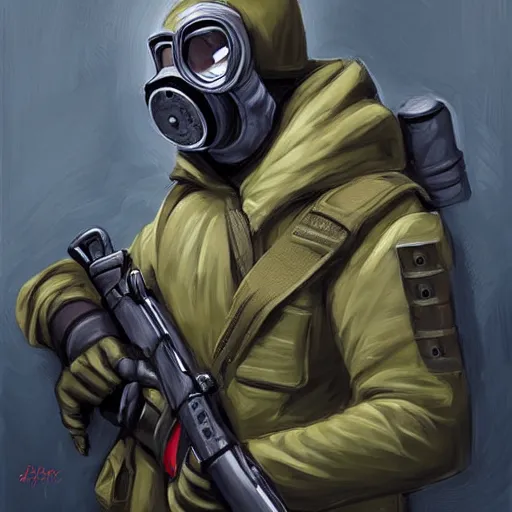 Image similar to portrait artwork of soldier wearing a gas mask holding ak-47. Artwork by Dan Mumford, realistic cinematic lighting, ultra detailed, hyper realism