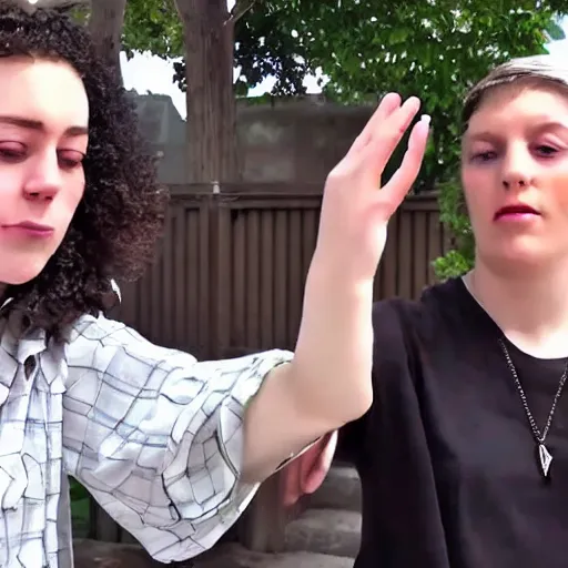 Image similar to a non - binary person flipping off a fundamentalist, iphone video still