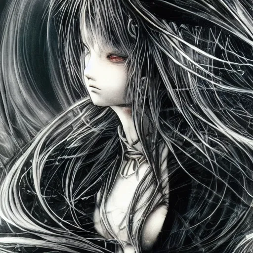Prompt: yoshitaka amano blurred and dreamy illustration of an anime girl with black eyes, wavy white hair fluttering in the wind wearing elden ring armor with engraving, abstract black and white patterns on the background, noisy film grain effect, highly detailed, renaissance oil painting, weird portrait angle, blurred lost edges, three quarter view, hyper light drifter color palette