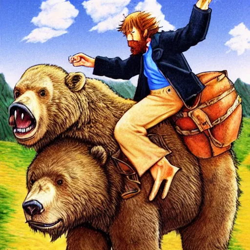 Prompt: semi realistic illustration of chuck norris riding a giant grizzly bear in the style of howl's moving castle by miyazaki, by jerry pinkney