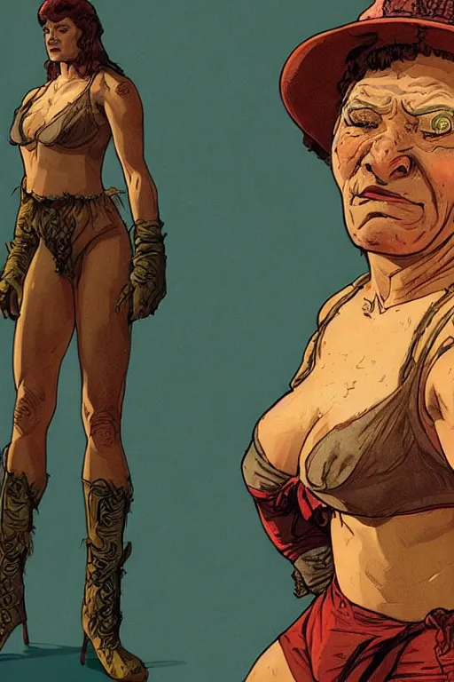 Image similar to maria. Smug old west circus wrestler. concept art by James Gurney and Mœbius.
