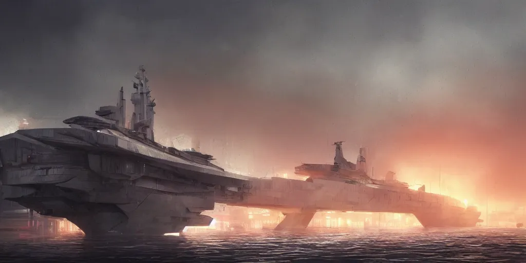 Image similar to render of huge futuristic warship boat, by Ian McQue, Rutkowski, lee madgwick and hubert robert, concrete building by le corbusier on the background, puddles of water, trees and bushes, blade runner style, neon glow, vivid color, moody lighting, unreal engine, bright sunrise, epic skies, foggy