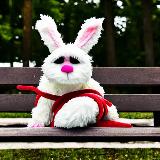 Image similar to an extremely fluffy muppet with rabbit ears and wearing a dark ninja robe with a red belt and practicing her meditation in nature on a park bench, photorealistic, photography, ambient occlusion, rtx, national geographic, sesame street