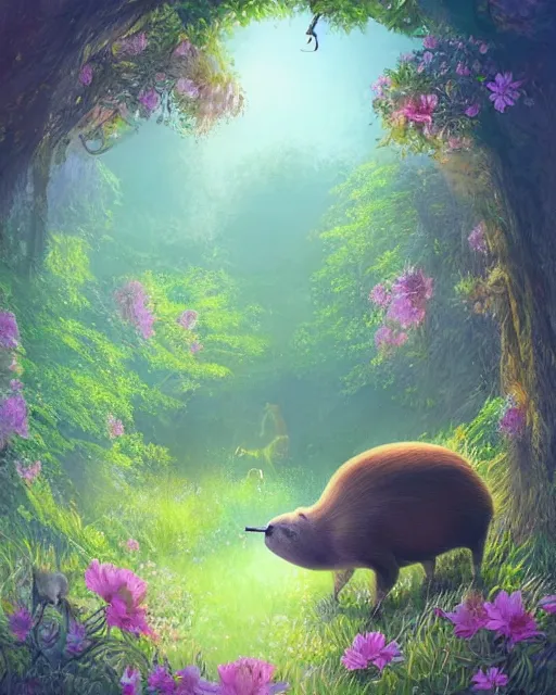 Image similar to Capybara playing Guitar in magical forest, portrait, wearing flower crown, magical notes, flowers, flower dress, birds, fairy atmosphere, magic the gathering artwork, D&D, fantasy, cinematic lighting, centered, symmetrical, highly detailed, digital painting, artstation, concept art, smooth, sharp focus, illustration, volumetric lighting, epic Composition, 8k, art by Akihiko Yoshida and Greg Rutkowski and Craig Mullins, oil painting, cgsociety