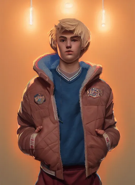 Image similar to portrait of high school senior boy named big moose, blonde short hair, jock, beefy, wide face, square jaw, square facial structure, blue varsity jacket with his name, intricate, elegant, glowing lights, highly detailed, digital painting, artstation, concept art, sharp focus, illustration, art by wlop, mars ravelo and greg rutkowski