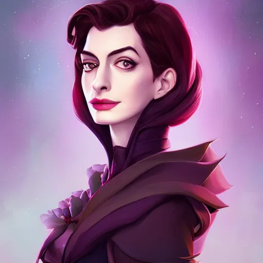 Prompt: a portrait of a beautiful Anne Hathaway witch, art by lois van baarle and loish and ross tran and rossdraws and sam yang and samdoesarts and artgerm, digital art, highly detailed, intricate, sharp focus, Trending on Artstation HQ, deviantart, unreal engine 5, 4K UHD image
