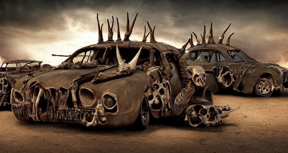 Image similar to mad max cars made out of bones, horns and shells, cinematic lighting,