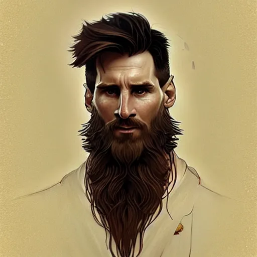 Image similar to Messi with a majestic beard, D&D, fantasy, intricate, elegant, highly detailed, digital painting, artstation, concept art, matte, sharp focus, illustration, art by Artgerm and Greg Rutkowski and Alphonse Mucha