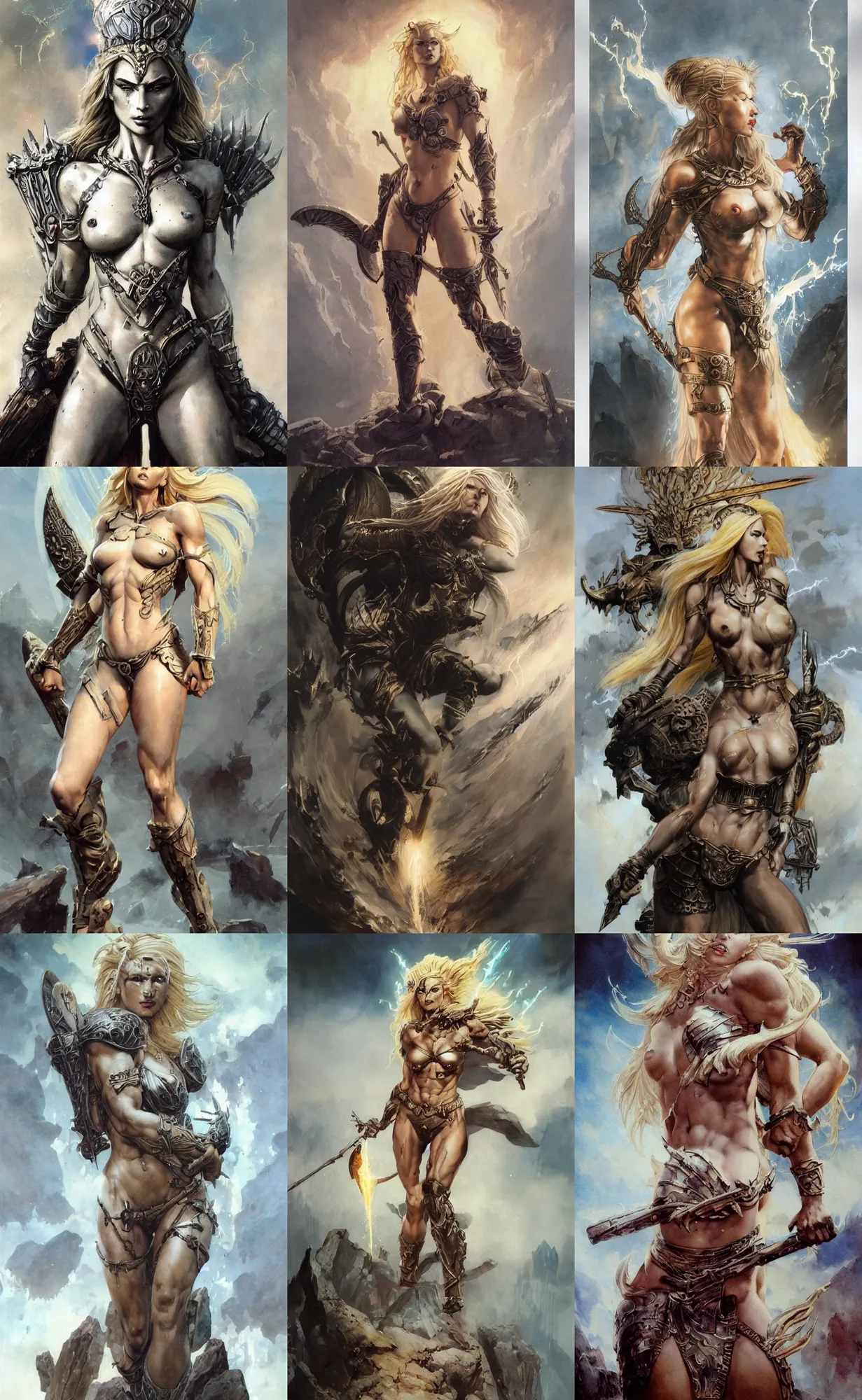 Image similar to A mixed media painting of the beautiful blonde goddess of war infused with lightning, very aesthetic, detailed face, by Frank Frazetta, Greg Rutkowski, Boris Vallejo, Beeple, Yoko Taro, Christian MacNevin, epic fantasy character art, goddess of anger, viking runes, high fantasy, CGsociety, full length, exquisite detail, post-processing, low angle, masterpiece, cinematic, odin's stone arena background