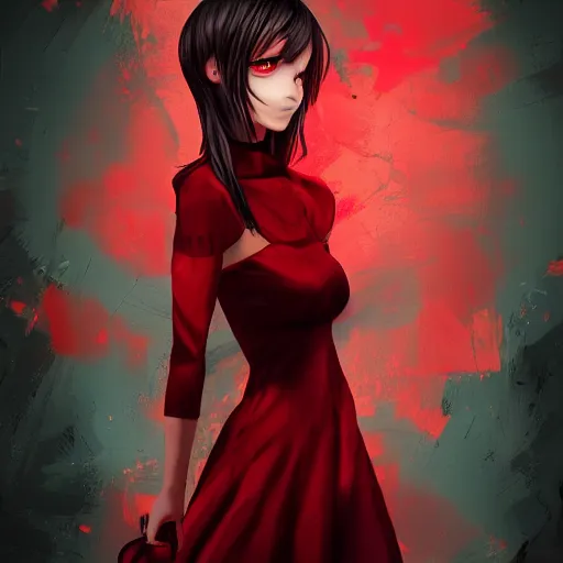 Image similar to a girl wearing a red dress, she is holding a skull head, anime art, HD, ambient lighting, artstation, smooth