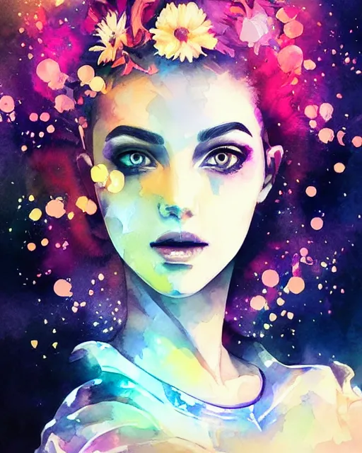 Prompt: robotic beauty watercolor flower portrait, pop fantasy art by WLOP and artgerm and alena aenami