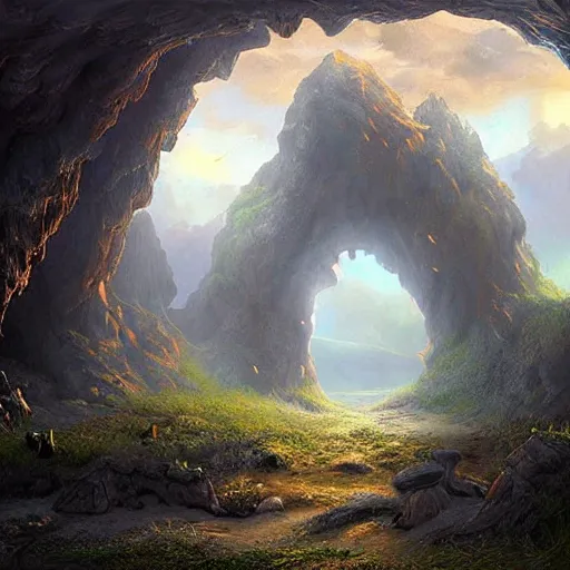 Image similar to beautiful matte painting of a fantasy cave entrance