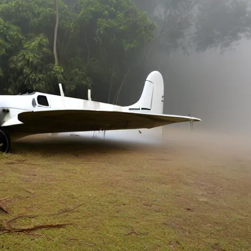 Prompt: beechcraft type 1 8 crash landed in a misty foggy jungle,