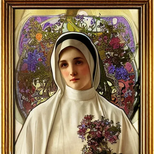 Image similar to a Masterpieces portrait of A nun covered in flowers radiates holy light in the church by Alphonse Mucha,Gustave Doré style,oil on canvas