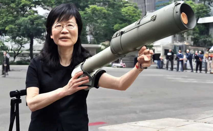 Prompt: Tsai Ing-wen holds a peace bazooka