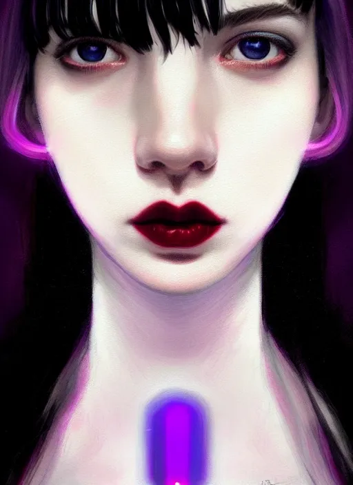 Prompt: portrait of teenage girl, red irises, red eyes, black hair, white bangs, purple lipstick, white bangs, bangs, black hair and white bangs, intricate, elegant, glowing lights, highly detailed, digital painting, artstation, concept art, smooth, sharp focus, illustration, art by wlop, mars ravelo and greg rutkowski