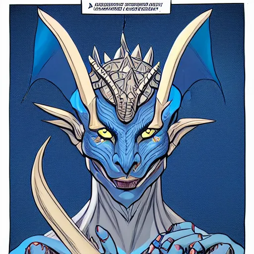 Image similar to head and shoulders portrait of a medieval fantasy anthropomorphic blue dragon - headed - human hybrid with electrcity magic, fantasy, d & d, high details, comic book cover art photo by phil noto and frank miller