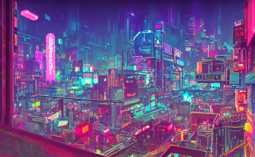 Prompt: Wide angle shot of a cyberpunk city with neon lights and holographic fishes floating in the sky by James Gilleard, Mark Ryden, Wolfgang Lettl highly detailed