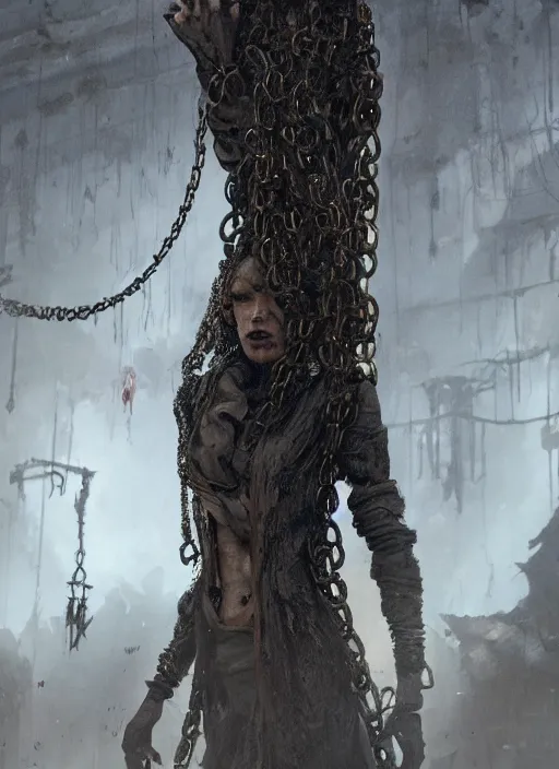 Prompt: A portrait of zombiefid women covered in chains by Greg Rutkowski, Sung Choi, Mitchell Mohrhauser, Maciej Kuciara, Johnson Ting, Maxim Verehin, Peter Konig, Bloodborne, 8k photorealistic, cinematic lighting, HD, high details, dramatic, atmospheric , trending on artstation