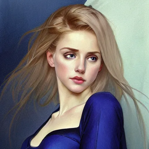 Prompt: a beautiful portrait of a beautiful cute young woman shoulder - length blonde hair superhero wearing a tight solid matte navy blue lycra suit white cape white cowl white shoulders, blue eyes, intricate, elegant, 8 k, highly detailed, digital painting, concept art, smooth, sharp focus, illustration, by artgerm greg rutkowski alphonse mucha loish wlop