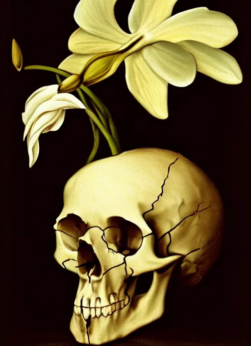 Prompt: renaissance painting of a skull - shaped orchid on a black background, high quality, no blur, 4 k