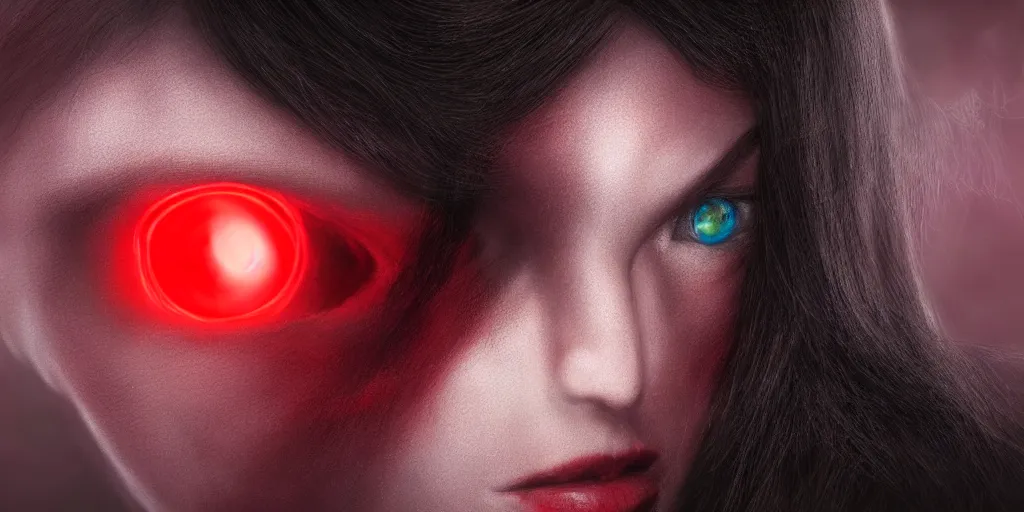 Image similar to realistic portrait of a witch woman with glowing red eyes, detailed, ultra realistic, 8 k