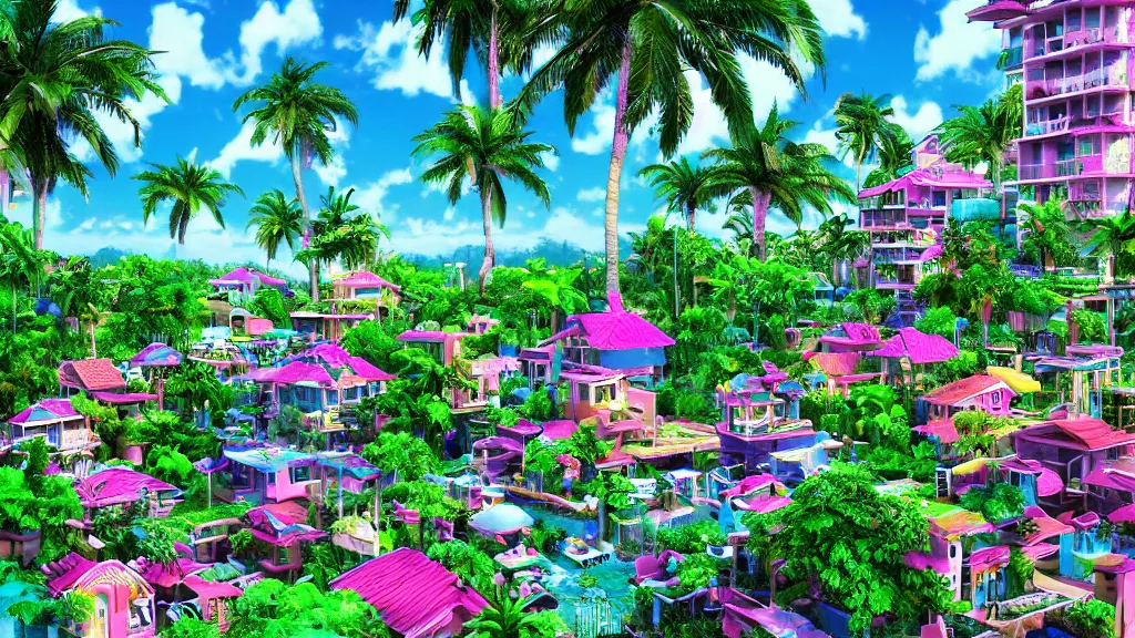 Image similar to village in a vaporwave jungle, 4k, ultra realistic, award winning photograph