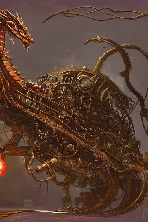 Image similar to illustration, single whole live dragon, old sick gold and crimsoned scaled asian style dragon on a steam punk plank of machinery with wires and gears and steam punk apparatus, matte painting, style of studio ghibli, concept art, featured in artstation and artgerm and pixiv, award winning, cinematic, 8 k