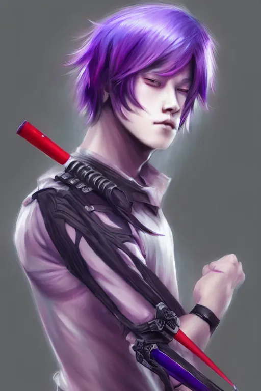 Image similar to gorgeous!!! hyper - realistic teenager boy with purple hair, purple eyes with red eye markets, wearing combat japanese clothes, holding a fan | drawn by wlop, drawn by jeehyung lee, drawn by artgerm | intricate, highly detailed, digital painting, character design, concept art, illustration, artstation