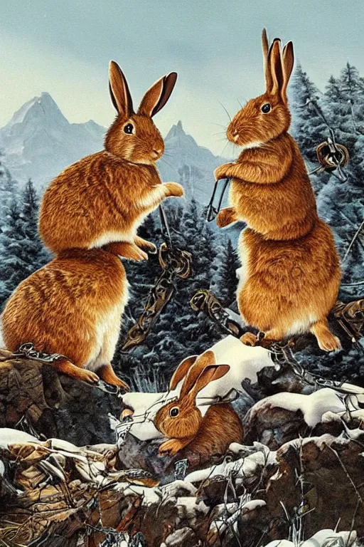 Prompt: rabbits with chainsaws on the snowy mountains. realist. high detail