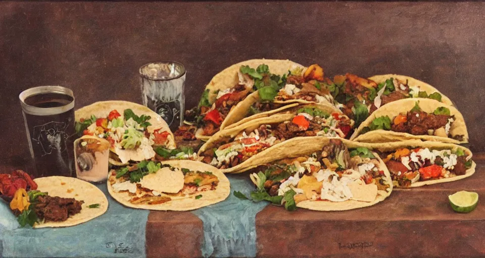 Image similar to a still life of tacos, wolfs, sheep, in the style of romanticisim