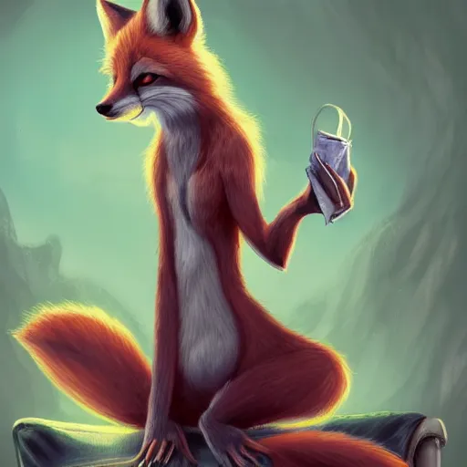 Image similar to an anthropomorphic fox wearing a t-shirt and jeans sitting on a couch, DeviantArt, Artstation, matte fantasy painting, matte fantasy painting, furry, anthro, anthropomorphic, furaffinity, cartoon, disney