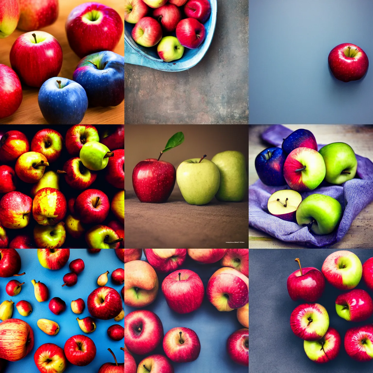 Prompt: blues apples and red bananas, photography