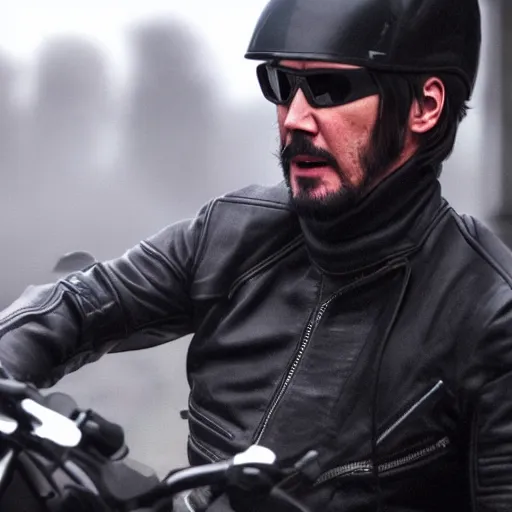 Prompt: Keanu reeves in black biker gear foggy pic 4K detail
