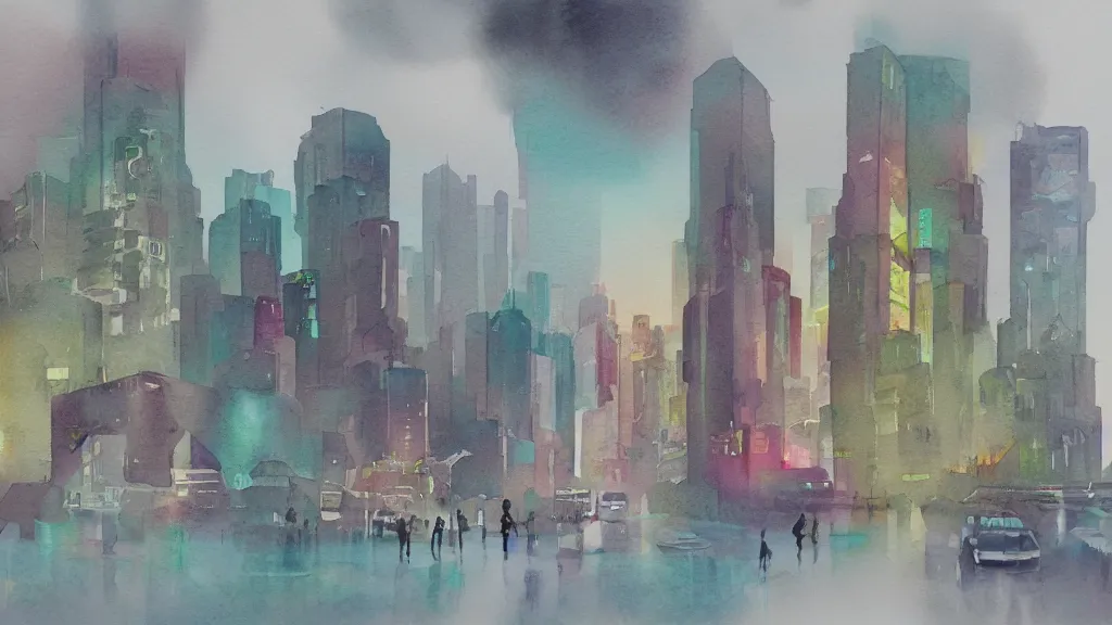 Image similar to watercolor mockup of modern future city, quick aquarelle painting