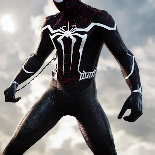 Image similar to black spider - man suit with white web lining, cinematic, volumetric lighting, realistic, hyperdetailed, photorealistic, photograph