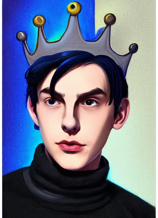 Image similar to portrait of teenage jughead jones wearing a light grey crown, crown, blue turtleneck, 1 9 5 0 s, closed eyes, photorealistic, black hair, glowing lighting, intricate, elegant, glowing lights, highly detailed, digital painting, artstation, concept art, smooth, sharp focus, illustration, art by wlop, mars ravelo and greg rutkowski