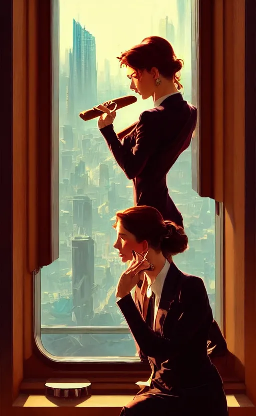 Prompt: Business woman smoking a cigar while she watches the city through a window, sci-fi, highly detailed, digital painting, artstation, concept art, smooth, sharp focus, illustration, art by artgerm and greg rutkowski and alphonse mucha