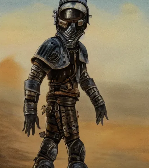 Prompt: a detailed painting of an armoured post apocalyptic man in a helmet walking around a sandy foggy wasteland. hd. 1 9 5 0 s painting style.