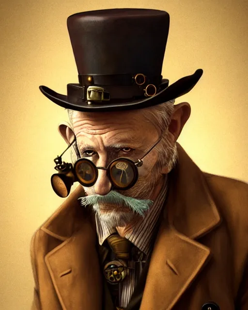 Image similar to steampunk old man portrait, handsome, steampunk hat, detective coat, steampunk monocle, smoking pipe, hyper realistic 3 d render by ilya kuvshinov, peter mohrbacher, greg rutkowski, ryohei hase, dramatic lighting, intricate, highly detailed, sharp focus, luminous, unreal engine, blender, deviant art, masterpiece, ray tracing